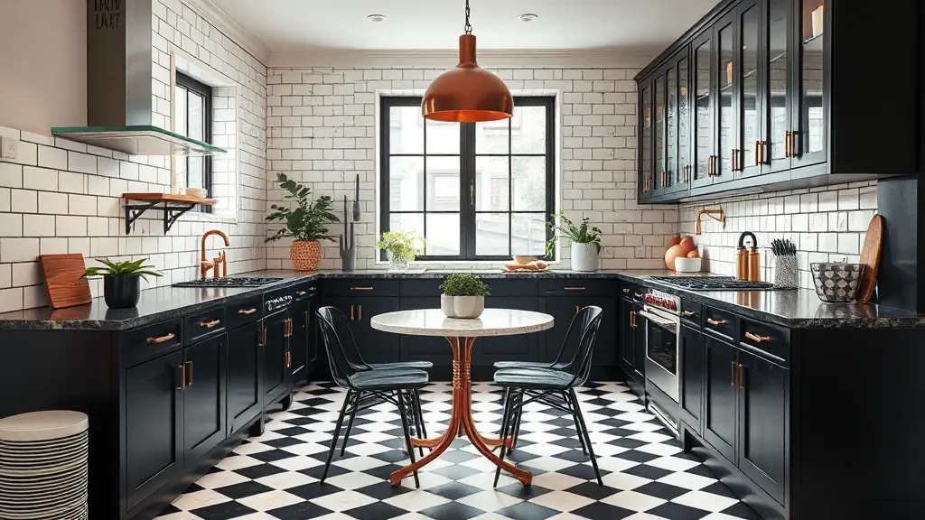 cuisine noir et carrelage noir et blanc