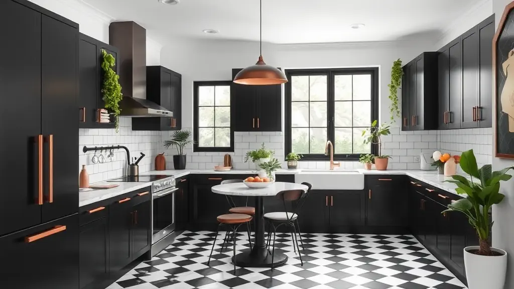 cuisine noir et carrelage noir et blanc
