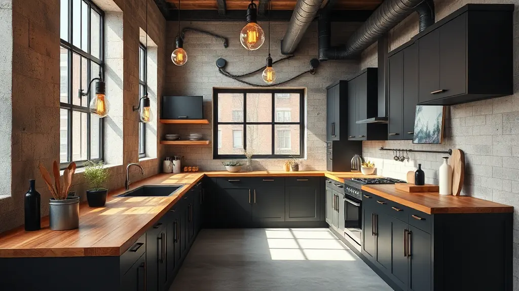 Cuisine industrielle moderne avec armoires noires mates, comptoirs en bois sombre, éclairage Edison et murs en béton brut.