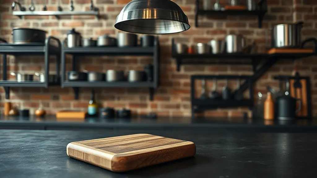 Détails d’une table industrielle avec accessoires vintage : étagère à épices en bois, ustensiles en cuivre et serviette en lin.