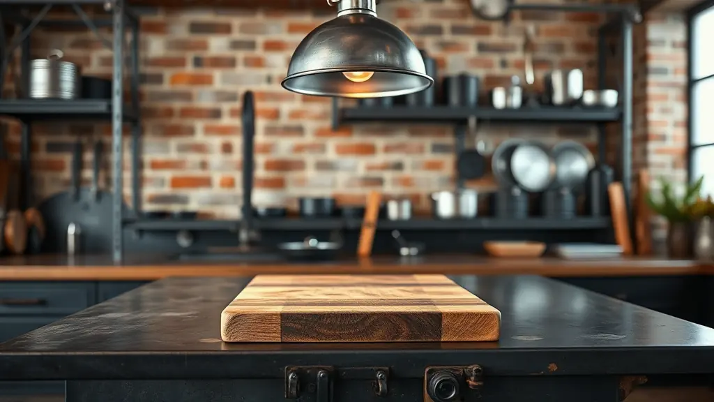 Détail d’un comptoir de cuisine industrielle avec plan en acier, planche en bois et étagères métalliques.