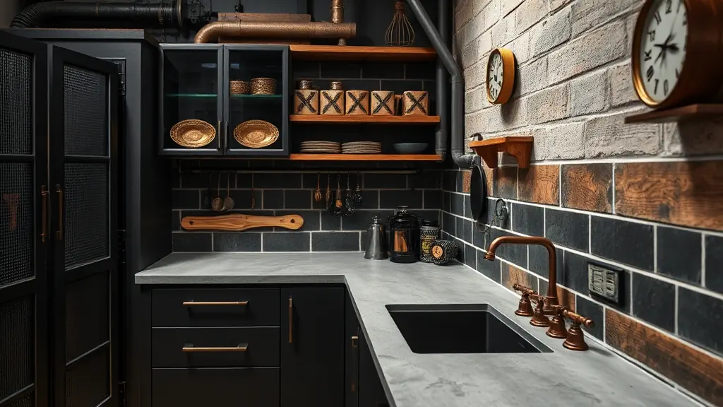 Coin de cuisine industrielle avec armoires en acier noir, bois recyclé, et évier moderne sur un plan de travail en béton.