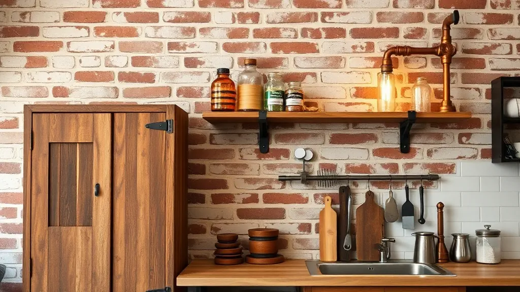 Aménagement d’une cuisine industrielle avec mobilier recyclé : étagères en bois récupéré, meuble ancien et tuyaux en cuivre DIY.
